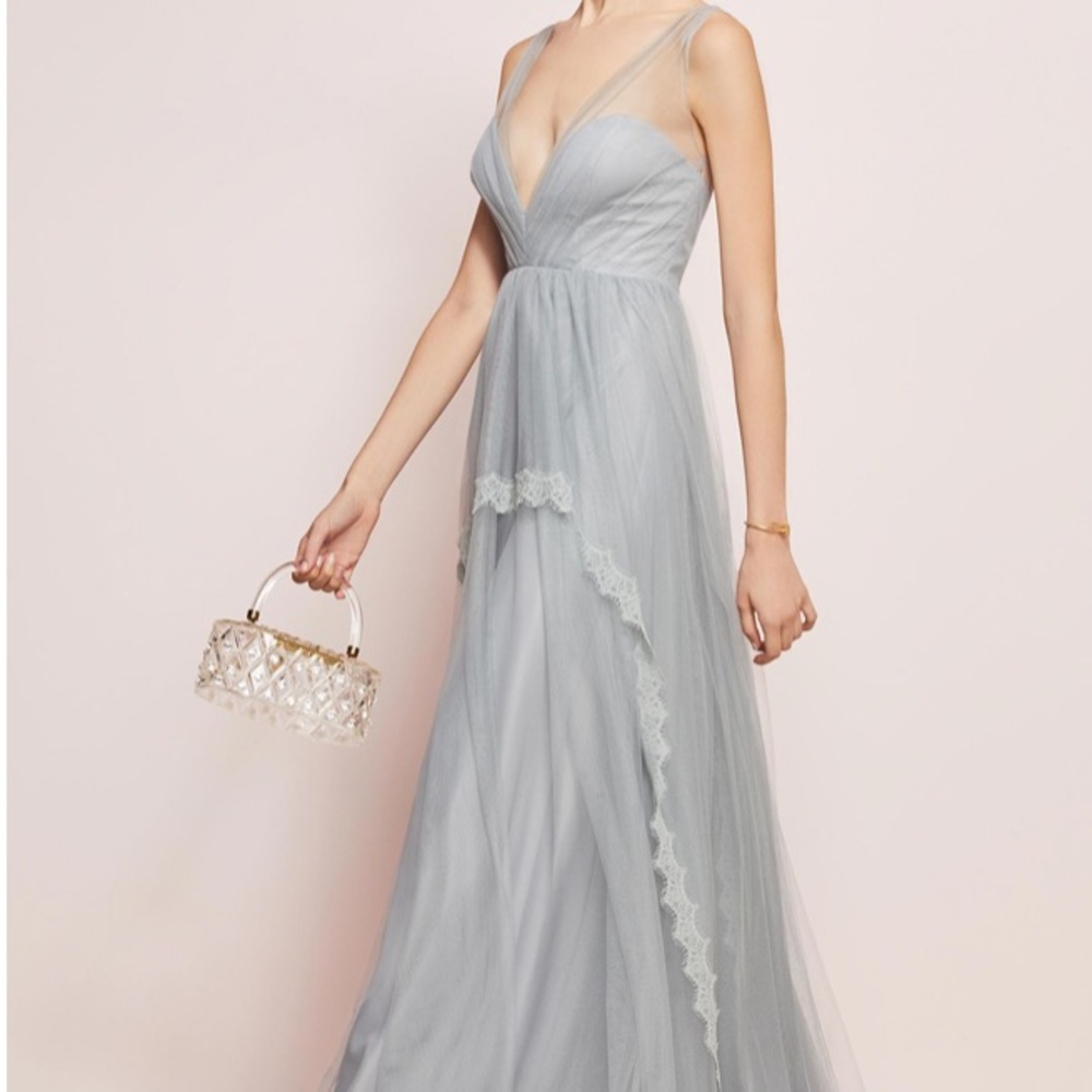 Watters Blue Gray Pleated Maxi Gown with Plunge Neckline